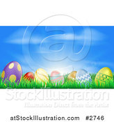 Vector Illustration of 3d Easter Eggs Set in Grass Under a Blue Sky with Sunshine by AtStockIllustration