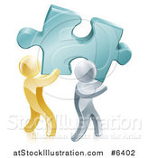 Vector Illustration of 3d Gold and Silver Men Carrying a Large Turquoise Solution Puzzle Piece by AtStockIllustration
