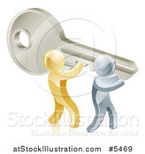 Vector Illustration of 3d Gold and Silver Men Holding up a Giant Key by AtStockIllustration