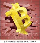 Vector Illustration of 3d Gold Bitcoin Currency Symbol Breaking Through a Brick Wall by AtStockIllustration