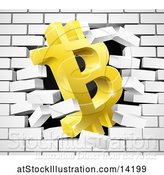 Vector Illustration of 3d Gold Bitcoin Currency Symbol Breaking Through a White Brick Wall by AtStockIllustration