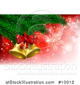 Vector Illustration of 3d Gold Christmas Bells with a Bow on Tree Branches, over Red with Snowflakes by AtStockIllustration