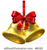 Vector Illustration of 3d Gold Christmas Bells with a Red Ribbon and Bow by AtStockIllustration