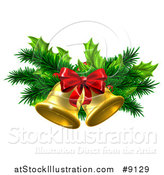 Vector Illustration of 3d Gold Christmas Bells with Branches and a Red Bow by AtStockIllustration