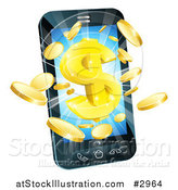 Vector Illustration of 3d Gold Coins and Dollar Symbol Bursting from a Smart Phone by AtStockIllustration
