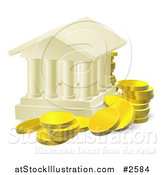 Vector Illustration of 3d Gold Coins Around a Columned Building by AtStockIllustration