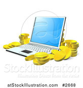 Vector Illustration of 3d Gold Coins Stacked Around a Laptop by AtStockIllustration