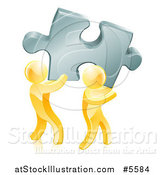 Vector Illustration of 3d Gold Men Carrying a Large Solution Puzzle Piece by AtStockIllustration