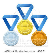 Vector Illustration of 3d Gold Silver and Bronze Prize Medals on Blue Ribbons by AtStockIllustration