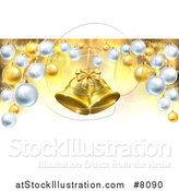 Vector Illustration of 3d Golden Christmas Bells Suspended over a Background with Baubles by AtStockIllustration