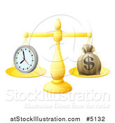 Vector Illustration of 3d Golden Scales Balancing a Clock and Money Bag by AtStockIllustration