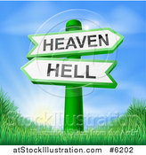 Vector Illustration of 3d Green Heaven or Hell Arrow Signs over Hills and a Sunrise by AtStockIllustration