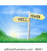Vector Illustration of 3d Heaven or Hell Arrow Signs over Grassy Hills and a Sunrise by AtStockIllustration