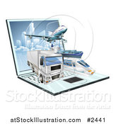 Vector Illustration of 3d Logistics Shipping Vehicles over a Laptop Computer by AtStockIllustration