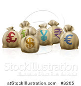 Vector Illustration of 3d Money Sacks with Colorful Currency Symbols by AtStockIllustration