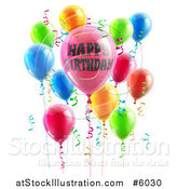 Vector Illustration of 3d Party Balloons and Confetti Ribbons with Happy Birthday Text by AtStockIllustration