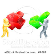 Vector Illustration of 3d Right and Wrong Gold and Silver Men Carrying X and Check Marks by AtStockIllustration