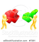 Vector Illustration of 3d Right and Wrong Gold Men Carrying X and Check Marks by AtStockIllustration