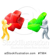 Vector Illustration of 3d Right and Wrong Gold Men Carrying X and Check Marks by AtStockIllustration