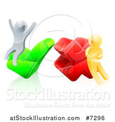 Vector Illustration of 3d Right and Wrong Silver and Gold Men Carrying and Cheering on X and Check Marks by AtStockIllustration
