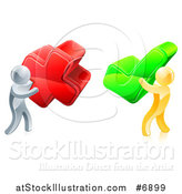 Vector Illustration of 3d Right and Wrong Silver and Gold Men Carrying X and Check Marks by AtStockIllustration