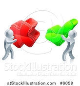 Vector Illustration of 3d Right and Wrong Silver Men with X and Check Marks by AtStockIllustration