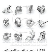 Vector Illustration of 3d Shiny Metal Navigation, Audio, News, Alarm Clock, Calendar, Security, Checklist, Gear, Megaphone, Solutions and Mail App Icons by AtStockIllustration