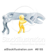 Vector Illustration of 3d Silver and Gold Men Carrying a Large Adjustable Wrench by AtStockIllustration