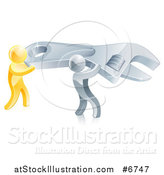 Vector Illustration of 3d Silver and Gold Men Working Together and Carrying a Large Adjustable Wrench by AtStockIllustration