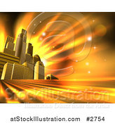 Vector Illustration of 3d Skyscrapers in an Urban City Block Against Orange Rays and Flares by AtStockIllustration