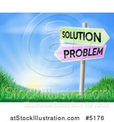 Vector Illustration of 3d Solution and Problem Arrow Signs over a Sunrise on a Grassy Hill by AtStockIllustration