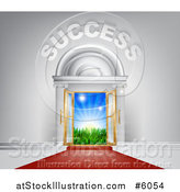 Vector Illustration of 3d SUCCESS over Open Doors with a Red Carpet, Light and a Field by AtStockIllustration