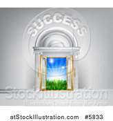 Vector Illustration of 3d SUCCESS over Open Doors with Light and a Field by AtStockIllustration