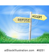 Vector Illustration of 3d Yellow Accept or Refuse Arrow Signs over Grassy Hills and a Sunrise by AtStockIllustration