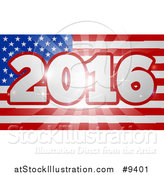 Vector Illustration of a 2016 Burst over an American Flag and Fireworks by AtStockIllustration