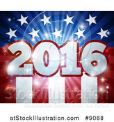 Vector Illustration of a 3d 2016 Burst over an American Flag and Fireworks by AtStockIllustration