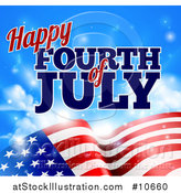 Vector Illustration of a 3d American Flag and Fourth of July Text over Blue Sky with Flares by AtStockIllustration
