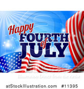 Vector Illustration of a 3d American Flag and Fourth of July Text over Blue Sky with Flares by AtStockIllustration