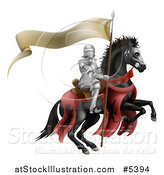 Vector Illustration of a 3d Armoured Knight on a Black Steed, with a Ribbon Banner Flag by AtStockIllustration