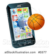Vector Illustration of a 3d Baseketball Flying Through and Breaking a Cell Phone Screen by AtStockIllustration