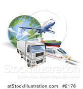 Vector Illustration of a 3d Big Rig, Train, Cargo Ship and Airplane with a Globe by AtStockIllustration