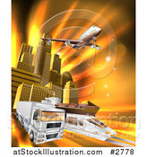 Vector Illustration of a 3d Big Rig Truck Airplane and Train Leaving a City over Orange Rays by AtStockIllustration