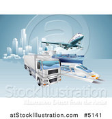 Vector Illustration of a 3d Big Rig Truck Cargo Ship Train and Airplane Leaving a City by AtStockIllustration