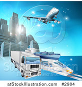 Vector Illustration of a 3d Big Rig Truck Train and Airplane Leaving a City by AtStockIllustration