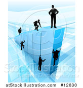 Vector Illustration of a 3d Blue Bar Graph with Silhouetted Business Men Competing to Reach the Top by AtStockIllustration