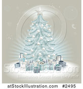 Vector Illustration of a 3d Blue Christmas Tree and Gifts over Beige by AtStockIllustration