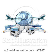 Vector Illustration of a 3d Blue Earth Globe and Cargo Logistics Modes, Trains, Planes Big Rig Trucks, and Ships by AtStockIllustration