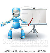 Vector Illustration of a 3d Blue Robot Pointing at a Roller Screen by AtStockIllustration