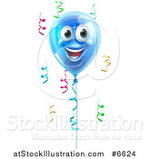 Vector Illustration of a 3d Blue Smiling Happy Birthday Balloon Character and Colorful Ribbon Confetti by AtStockIllustration