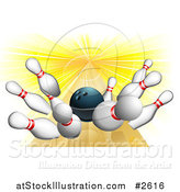 Vector Illustration of a 3d Bowling Ball Smashing into Pins in a Lane by AtStockIllustration